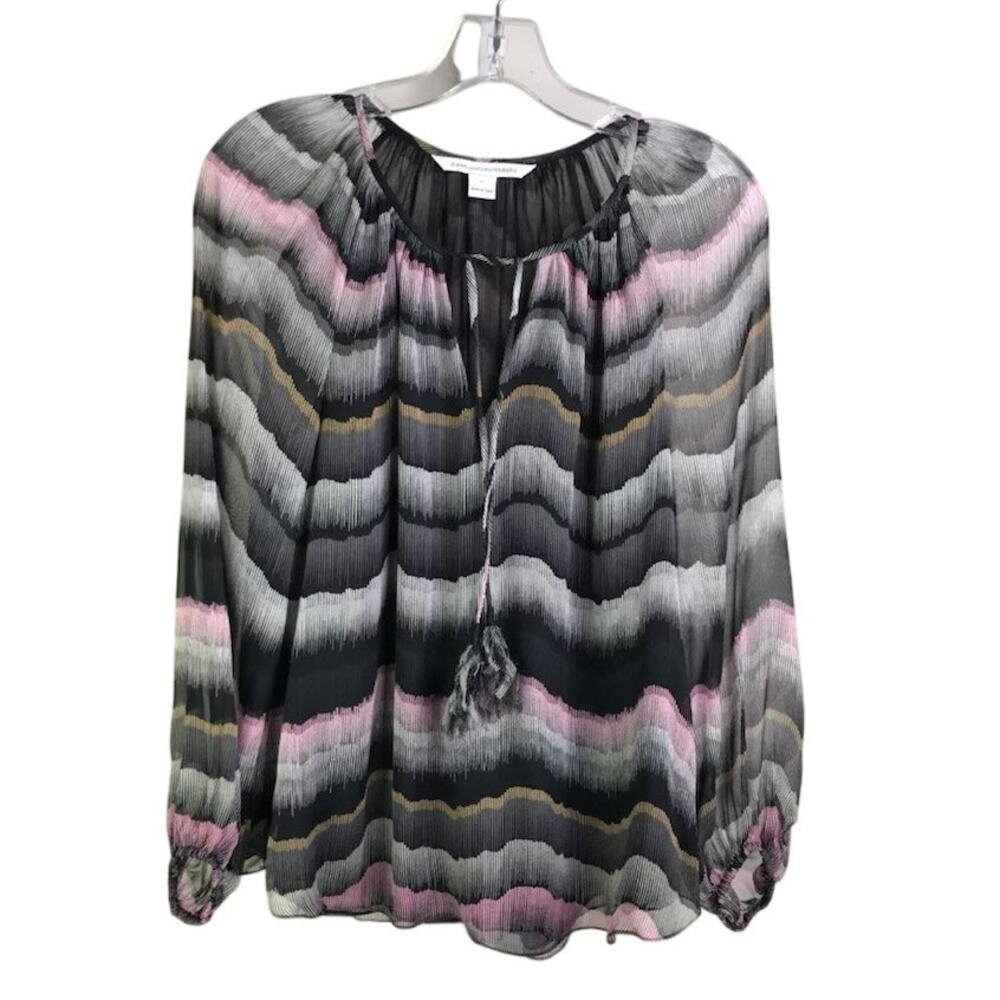 DVF Diane Von Furstenberg Saylor Chiffon Blouse Womens 2 Tassel Top Black Pink